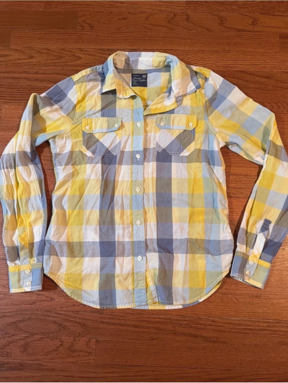 Vintage American Eagle Outfitters Yellow, Blue & White Plaid Button-Down Shirt